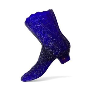 Vintage Cobalt Blue Shoe Boot Tall Daisy & Button Art Glass